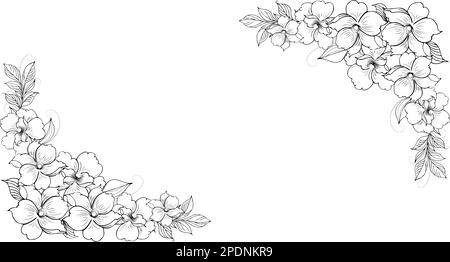 Une belle branche en fleurs, richement décorée avec des fleurs, des bourgeons et des feuilles. Dessin à la main. Illustration de Vecteur