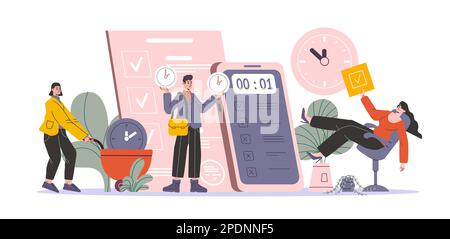 Processus de gestion du temps. Les gens de dessin animé organisent le travail par dates et heures. Objectifs de planification des personnages heureux. Programme et rappel du bureau. Liste de contrôle des tâches Illustration de Vecteur