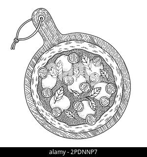 Pizza Margherita vue de dessus dans le style dessiné à la main. Idéal pour les dépliants, les menus, les bannières, les paquets et autres. Illustration de Vecteur