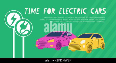 Il est temps pour les voitures électriques. Illustration vectorielle plate de l'interdiction des voitures essence et diesel en Europe. Deux voitures, rose et jaune, avec panneaux de signalisation pour les voitures électriques. Illustration de Vecteur