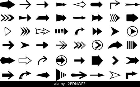 Icônes de flèches noires, collection de graphiques de pointeur avant. Flèche mince, signe de directionnalité éléments isolés. Pointeurs gauche droit, ensemble de vecteurs corrects Illustration de Vecteur