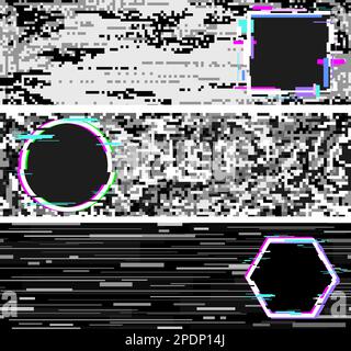 Bannières à effet de bruit de technologie numérique avec cadres géométriques de grésillement. Design futuriste abstrait monochrome, éléments de couleurs néon, arrière-plan vectoriel Illustration de Vecteur