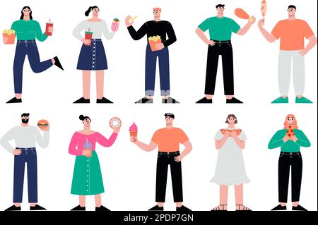 Les gens tiennent la restauration rapide. Manger des collations et des boissons, personne manger de la pizza, hot dog et des frites. Hamburger ou envelopper le dîner. Caractères plats de vecteur saponique affamé Illustration de Vecteur