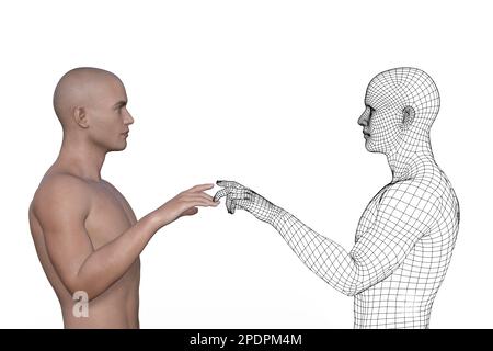 L'homme et l'homme sont en contact avec des index sur fond blanc. Banque D'Images