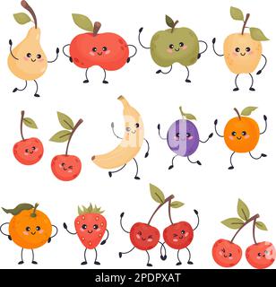 Jolis personnages de dessin animé fruits. Pommes, poire, fraise, banane, prune, abricot, cerise et mandarine. Illustration vectorielle. Collection drôle de nourriture emoj Illustration de Vecteur