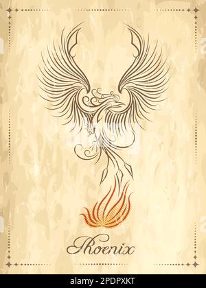 Phoenix Bird symbole antique de la renaissance Emblem sur l'ancien rouleau de papier. Illustration vectorielle. Illustration de Vecteur