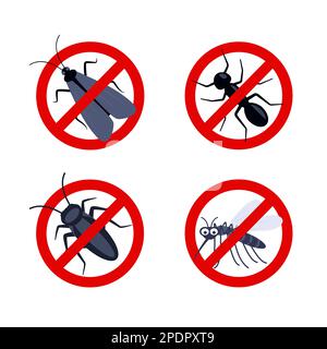 Arrêtez les insectes. Cafard, moustique, fourmis, silhouettes de papillon. Avertissement signe interdit anti insectes vecteurs icônes Illustration de Vecteur