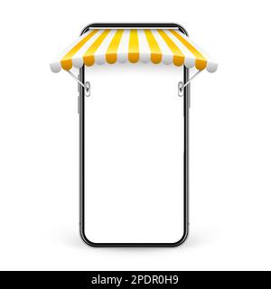Smartphone avec store et support métallique, achats en ligne sur Internet. Bar-salon à rayures jaunes réalistes. Tente du marché extérieur. Toit-abri Illustration de Vecteur