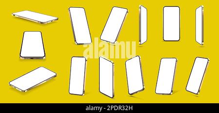 Des modèles de téléphones mobiles dorés dans un style réaliste et sous différents angles Illustration de Vecteur