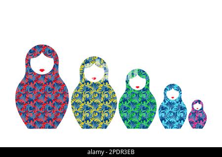 Poupées de nidification russes Matryoshka. Poupée de babushka. Ensemble de famille de Matryoshka avec ornement moderne floral coloré, illustration vectorielle isolée ou blanche Illustration de Vecteur