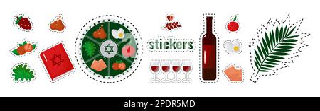 Autocollants fêtes juives Pâque, Pesach, icônes et symboles traditionnels. Illustration vectorielle Illustration de Vecteur