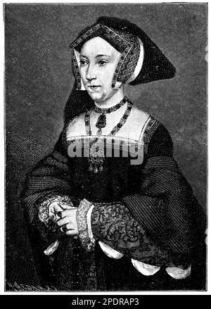 Joan Seymour (1508-1537) était la troisième femme du roi Henri VIII d'Angleterre et la mère du roi Edward VI Joan était connue pour son attitude calme et douce, et était une favorite de Henry après la relation tumultueuse avec sa femme précédente, Anne Boleyn. Joan a donné naissance à un fils, en s'assurant de sa position de reine, mais elle est morte peu après de complications liées à l'accouchement. Malgré son bref règne et son manque de documentation historique, Joan reste une figure remarquable dans l'histoire de Tudor. Banque D'Images