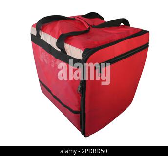 Refroidisseur de sac rouge pour le transport et le stockage de produits isolés sur fond blanc avec passe-cheveux Banque D'Images