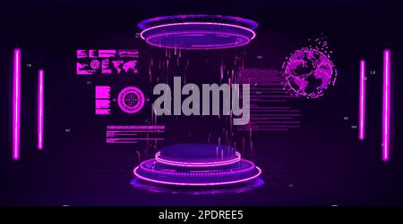 Purple 3D laboratoire futuriste avec podium hologramme. Capsule 3D avec HUD Sci-fi Illustration de Vecteur