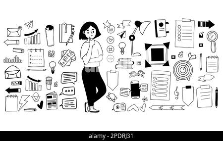 Grands vecteurs définissent des icônes financières et commerciales. Fille pensive, papier et documents, papeterie, infographies, cible, messages en ligne, signes, flèches, stra Illustration de Vecteur