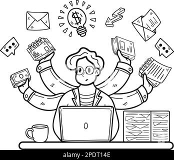Homme d'affaires faisant l'illustration multitâche dans le style doodle isolé sur l'arrière-plan Illustration de Vecteur