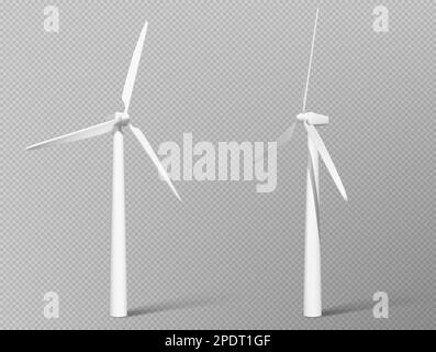 3d icône de l'éolienne en vecteur sur fond transparent. Jeu de moulin à vent blanc pour la production d'énergie propre renouvelable. Aérogénérateur illustration avec hélice d'air réaliste. Illustration de Vecteur