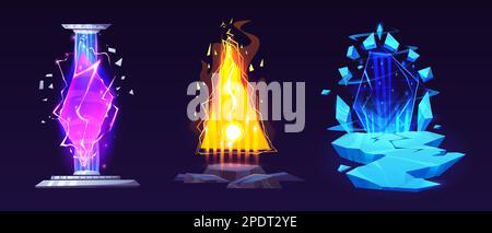 Ensemble de portails de jeux magiques isolés sur fond sombre. Illustration vectorielle de l'espace, de la pierre et des plates-formes de glace avec lumière laser, flamme de feu et cristaux gelés. Éléments de conception de l'interface graphique Illustration de Vecteur