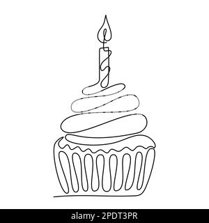 Gâteau d'anniversaire avec bougie un dessin de ligne Illustration de Vecteur