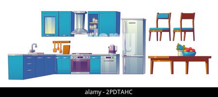 Cuisine pièce dessin animé décoration intérieure avec table et réfrigérateur. Illustration de meubles de salle à manger isolés sur fond blanc. Design plat moderne avec placard bleu et kit de cuisson. Illustration de Vecteur