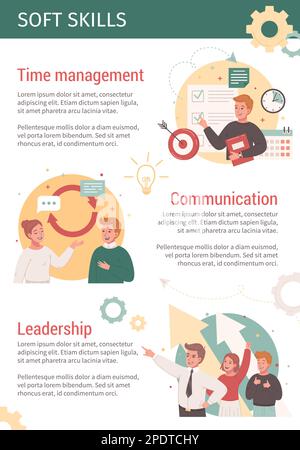 Modèle d'infographies sur les compétences générales avec illustrations vectorielles plates des sections informatives sur la gestion du temps de communication Illustration de Vecteur