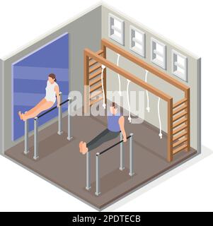 Composition isométrique de gymnastique avec décor intérieur de salle de gym et barres parallèles avec miroir et athlètes effectuant des exercices illustration vectorielle Illustration de Vecteur