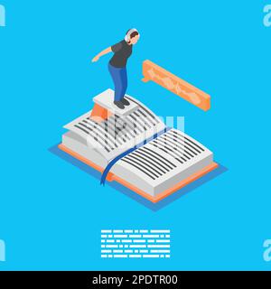 Livres audio fond isométrique avec composition de personnage féminin sur trampoline au-dessus de l'illustration vectorielle de livre ouvert Illustration de Vecteur