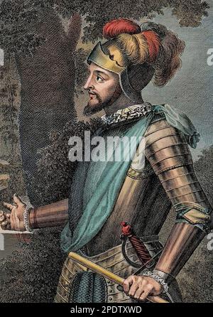 Vasco Nunez de Balboa explorateur espagnol, gouverneur et conquérant - Portrait de Vasco Nunez de Balboa, conquérant espagnol (1475-1517) - Gravure 19eme siecle Banque D'Images