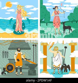 Olympus dieux 2x2 design concept ensemble de quatre icônes carrées avec la grèce mythologie caractères illustration vectorielle Illustration de Vecteur