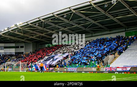 Vue générale sur le parc Windsor. Finale de la coupe BetMcLean 2023, Linfield vs Coleraine. Stade national de Windsor Park, Belfast. Banque D'Images