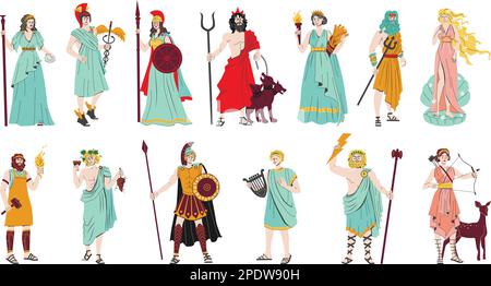Olympus dieux plat couleur ensemble de hermes athena demeter dionysius artemis poseidon ares personnes isolé illustration vectorielle Illustration de Vecteur