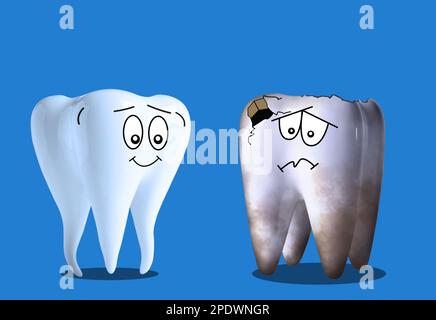 Des dents saines et malsaines sur fond bleu, illustration. Soins dentaires Banque D'Images