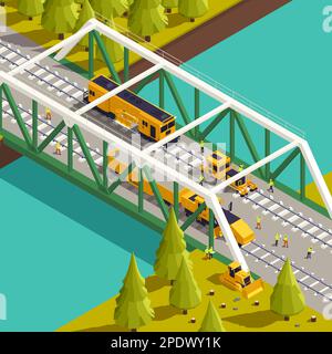 Voies ferrées véhicules de construction de ponte matériel ferroviaire machines composition isométrique avec vue extérieure de l'illustration vectorielle du pont ferroviaire Illustration de Vecteur