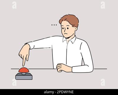 Un homme frustré s'assoit au bureau, appuyez sur le bouton rouge. Un homme sérieux confus appuie sur le bouton d'alerte. Avertissement ou lancement de fusée. Illustration vectorielle. Illustration de Vecteur