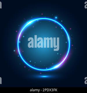 Cadre bleu fluo rond avec des reflets sur fond bleu foncé. Illustration de Vecteur