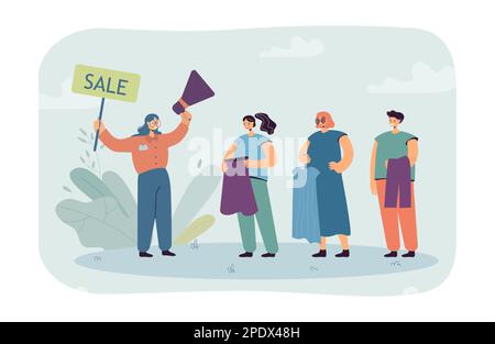 Assistant d'atelier tenant le mégaphone et l'écriteau de vente Illustration de Vecteur