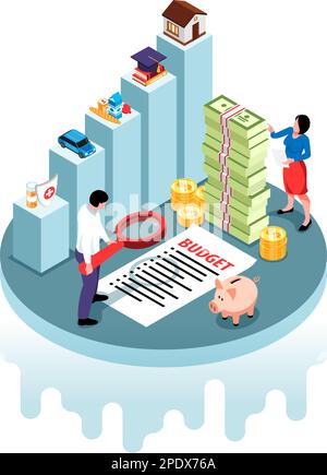 Composition isométrique du budget familial avec l'illustration du vecteur de comptage d'argent des personnes Illustration de Vecteur