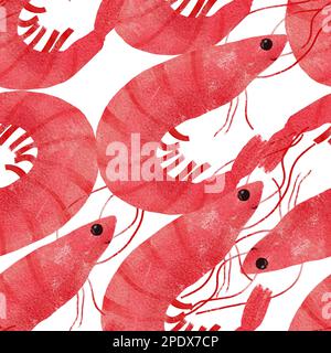 Motif aquarelle sans couture avec crevettes dessinées à la main. Banque D'Images
