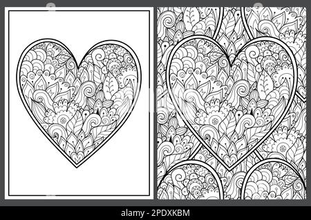 Doodle chats dans la main coeur dessiné forme coloriage pages ensemble. Motif kawaii noir et blanc Illustration de Vecteur