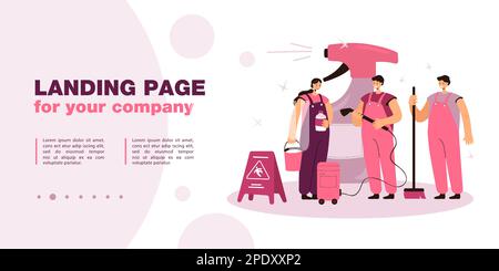 L'équipe de nettoyage se tient à côté d'une énorme bouteille de détergent Illustration de Vecteur