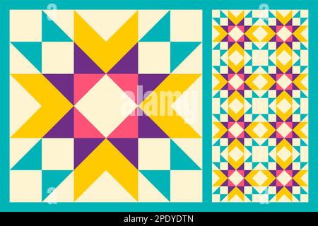 Ensemble de carreaux de céramique à motifs. Motif géométrique abstrait inspiré du matelassage de la couette. Arrière-plan abstrait aux couleurs vives et aux couleurs vives. Couleurs simples. Illustration de Vecteur