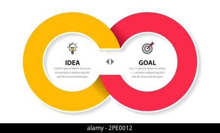 Modèle d'infographie avec icônes et 2 options ou étapes. Deux cercles connectés. Peut être utilisé pour la mise en page de flux de travail, le diagramme, la bannière, la conception Web. Vecteur illu Illustration de Vecteur