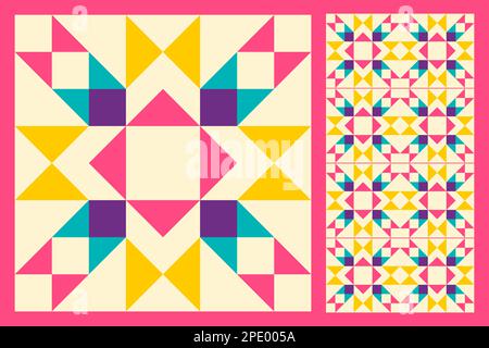 Ensemble de carreaux de céramique à motifs. Motif géométrique abstrait inspiré du matelassage de la couette. Arrière-plan abstrait aux couleurs vives et aux couleurs vives. Couleurs simples. Illustration de Vecteur