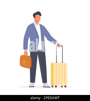 Homme debout avec une valise et tenant une mallette. Personnes en voyage d'affaires. Personnage masculin en voyage d'affaires avec bagages. Plat v Illustration de Vecteur