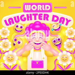Journée mondiale du rire. 3d vecteur fille heureuse avec ornement de fleur et émoticônes heureux Illustration de Vecteur