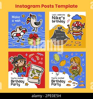 ANNIVERSAIRE PIRATE MODÈLE DE POSTE Design cartes vectorielles social Media Sketches dessin à la main Cartoon Marine Collection avec Mottos et Sea Attributes objets FO Illustration de Vecteur