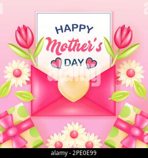 Bonne fête des mères, 3D vecteur d'enveloppe et de lettre avec ornement de fleur Illustration de Vecteur