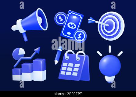 Plan d'affaires. Vecteur 3D de monnaie, cible, croissance, liste, lumières et mégaphone Illustration de Vecteur