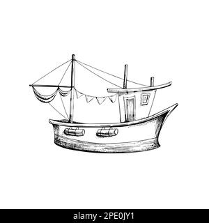 Un petit bateau avec un mât et des voiles pliées. Objet isolé dessiné à la main dans la technique graphique. Illustration vectorielle pour l'été, le marin et la plage Illustration de Vecteur