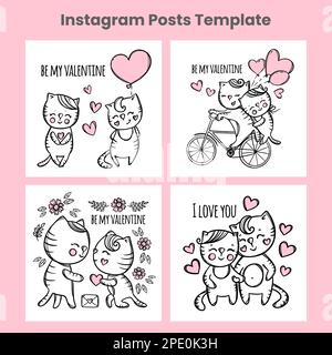 VALENTINE SOCIAL MEDIA Post Cartoon Square Templates Happy Loving Cats main Fly Rouge coeurs félicitant texte dessiné à la main Illustration vectorielle Illustration de Vecteur